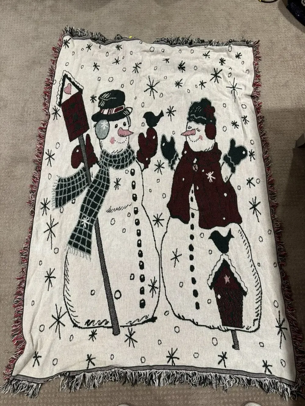 Vintage Christmas Snowman Woven Throw Blanket Reversible Fringe 64x42 Holiday